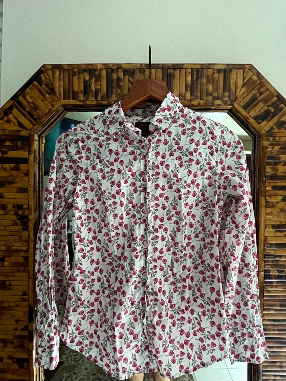 Women’s White Floral Button-Up Shirt with Pink Cherry Print
